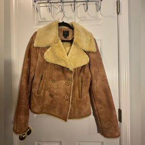 Express Cozy Tan Teddy Jacket with Cream Accents